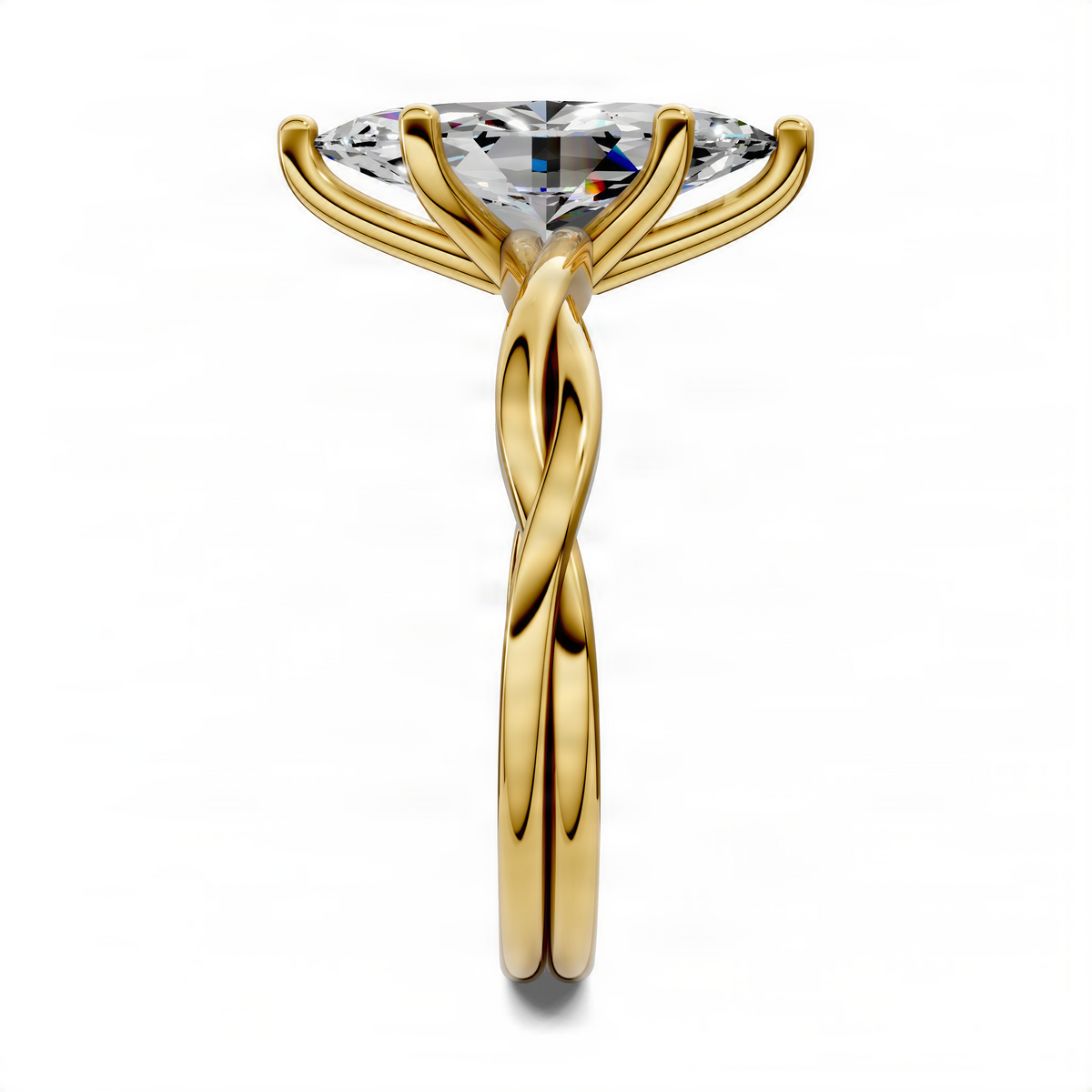 Yellow gold twisted vine solitaire ring with marquise center stone