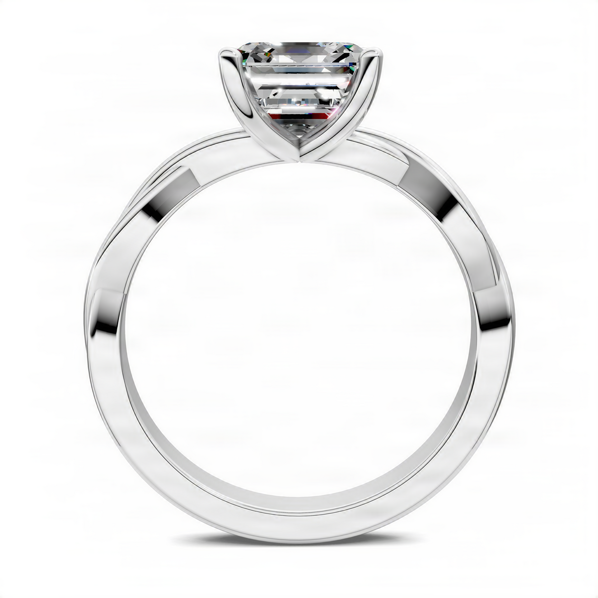 Platinum Asscher solitaire ring with twisted vine band and emerald-cut center stone