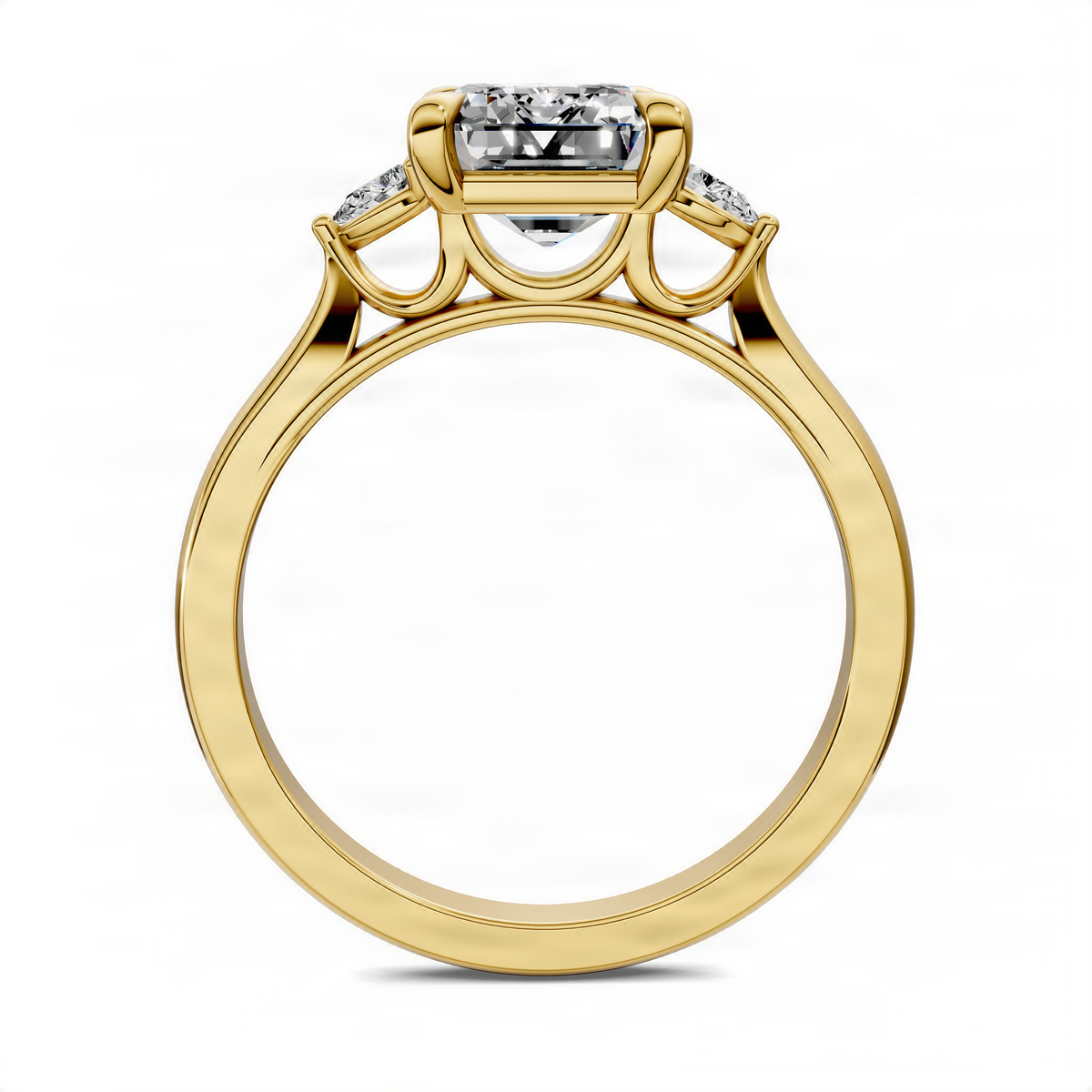 Yellow gold three-stone ring with emerald-cut center stone and two side diamonds