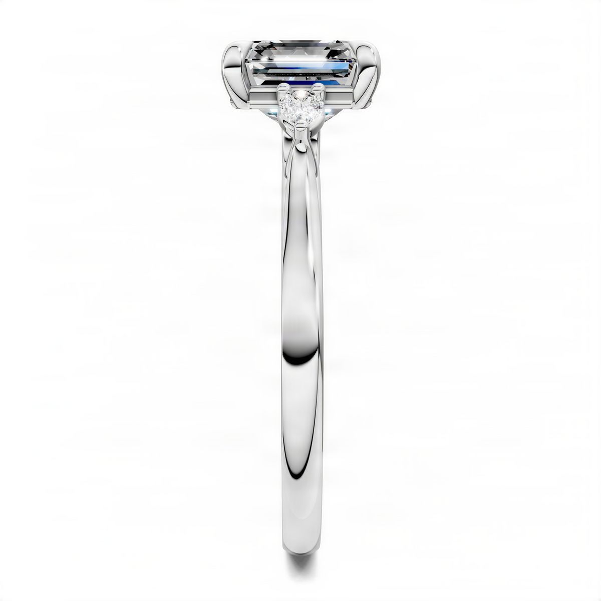 Three-stone Asscher-cut ring in platinum with square center diamond and side stones