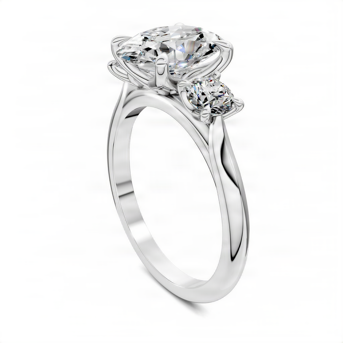 White-metal oval three-stone ring with large oval center and two side round stones