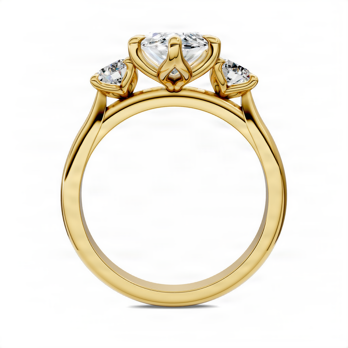 Yellow gold marquise three-stone ring front view with marquise center and round sides