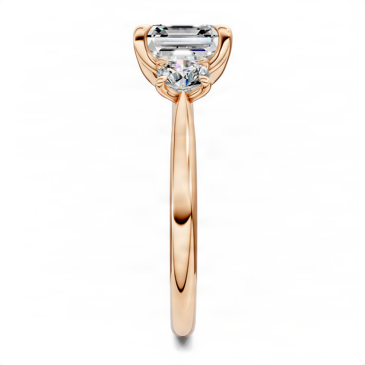 Three-stone Asscher-cut engagement ring profile with side diamonds, rose gold metal.