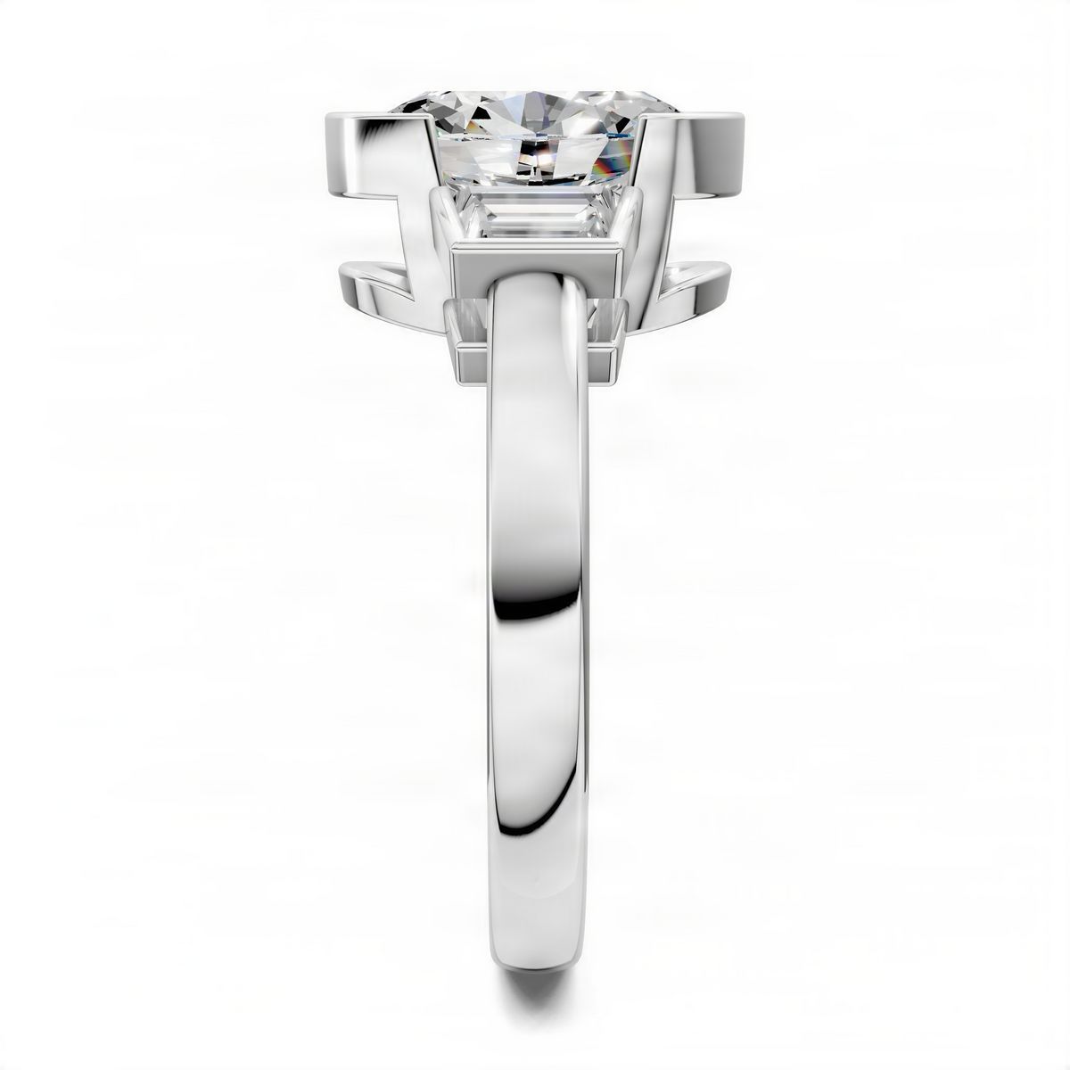 Oval bezel three-stone ring in white gold with oval center stone and side stones