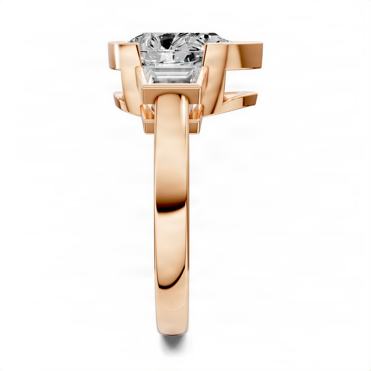 Rose gold three-stone ring with pear center stone in bezel and side stone accents