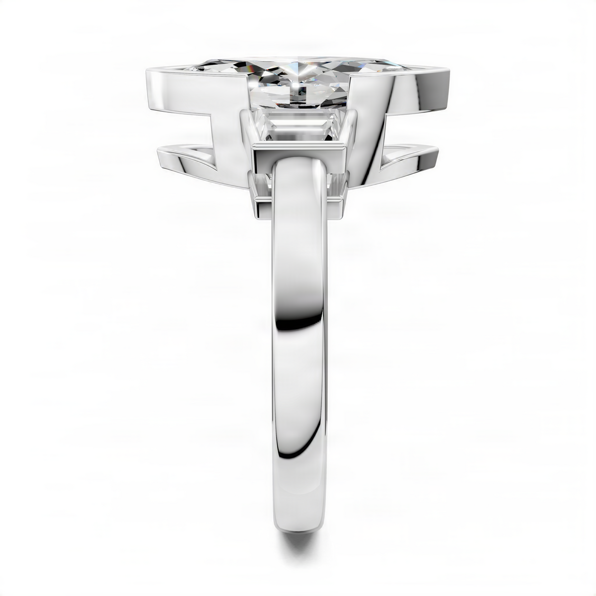 Three-stone marquise bezel ring in platinum tone, top-down view of bezel-set marquise center.