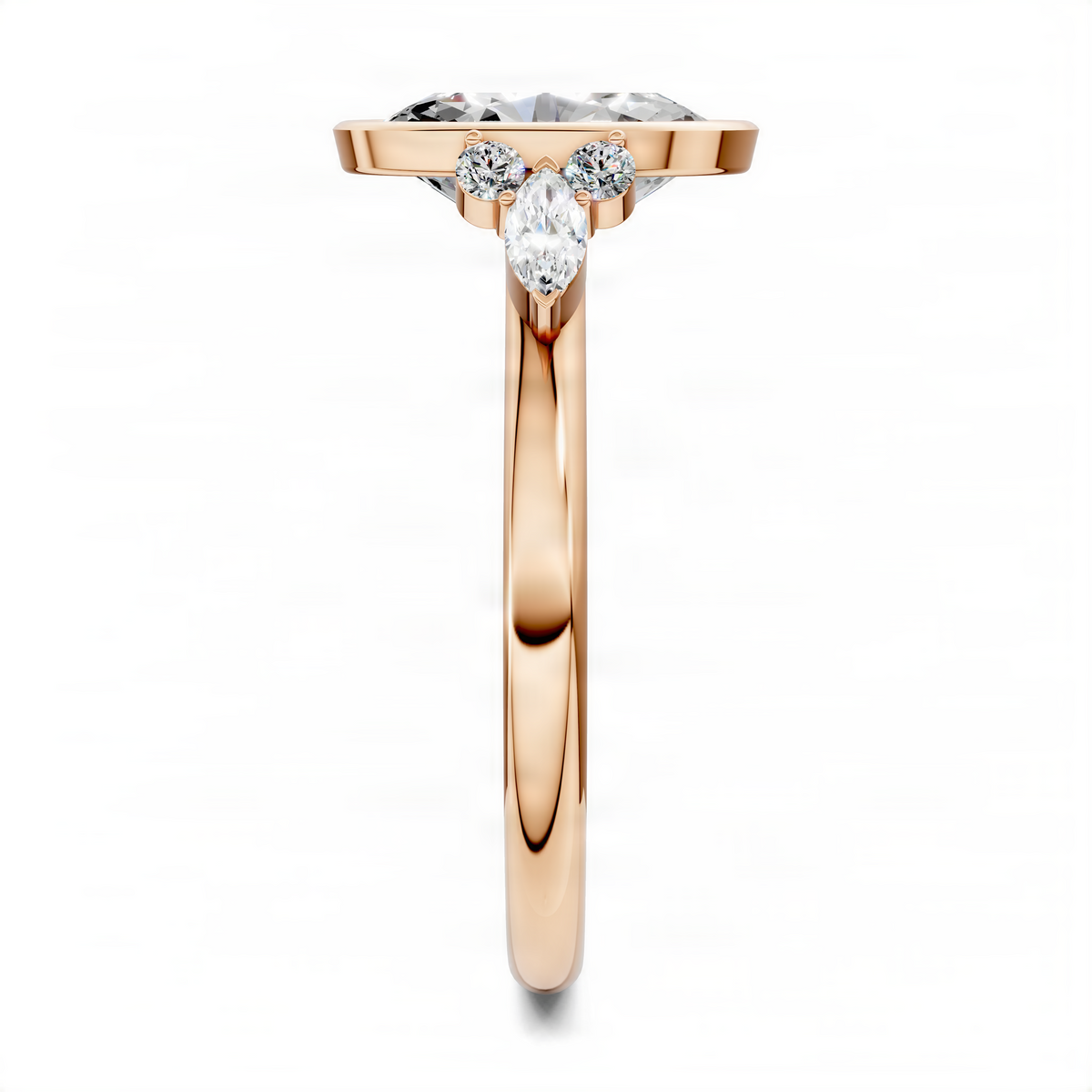 Rose gold oval bezel diamond ring with central oval stone and two side accents
