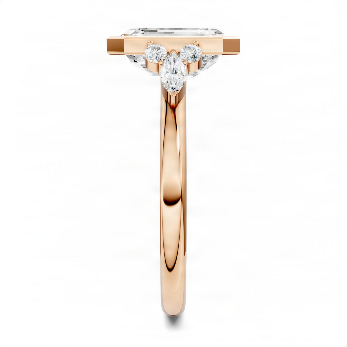 Rose gold bezel-set ring with emerald-cut center stone and triple diamond setting