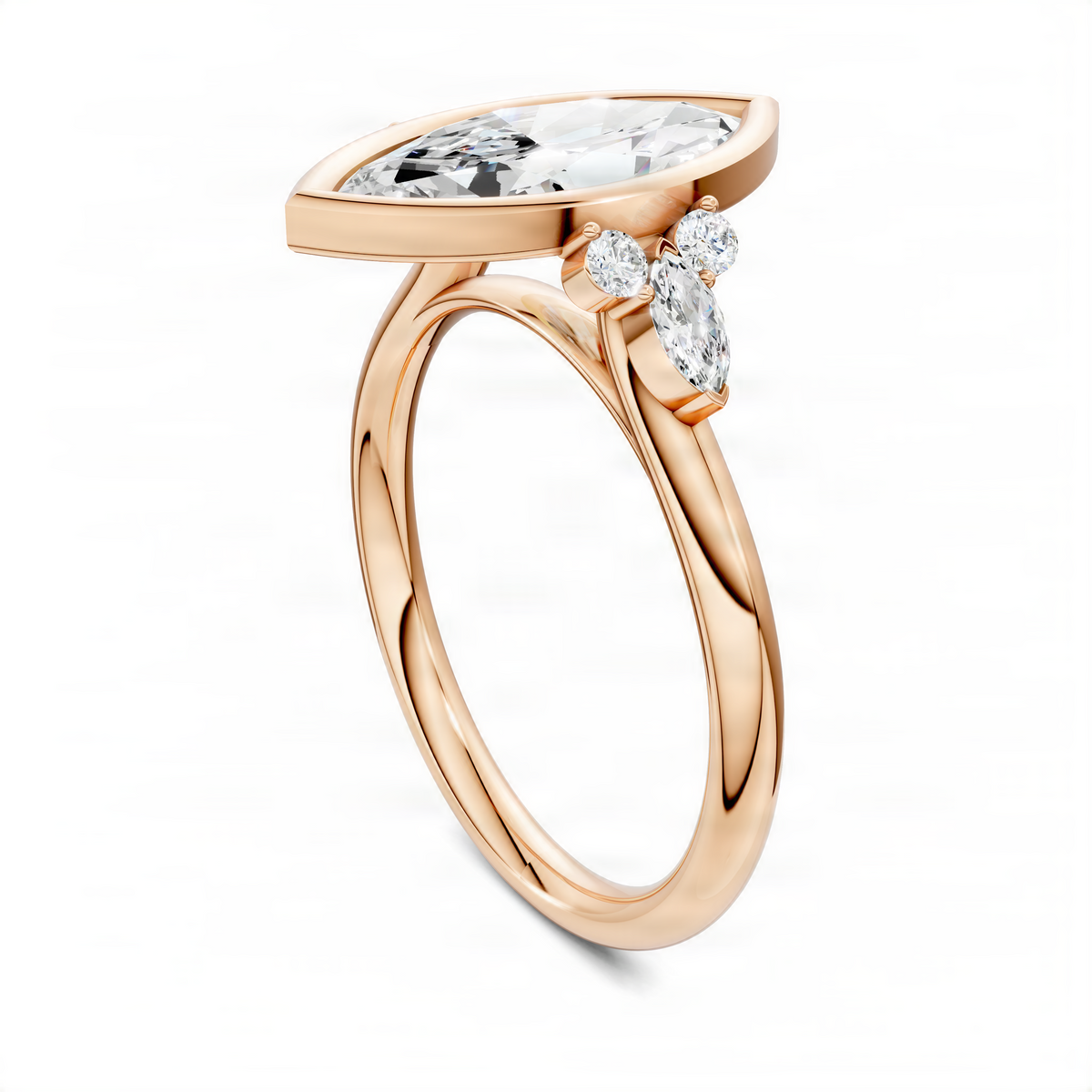 Opes marquise bezel ring side view with marquise center stone, rose gold band and round stones