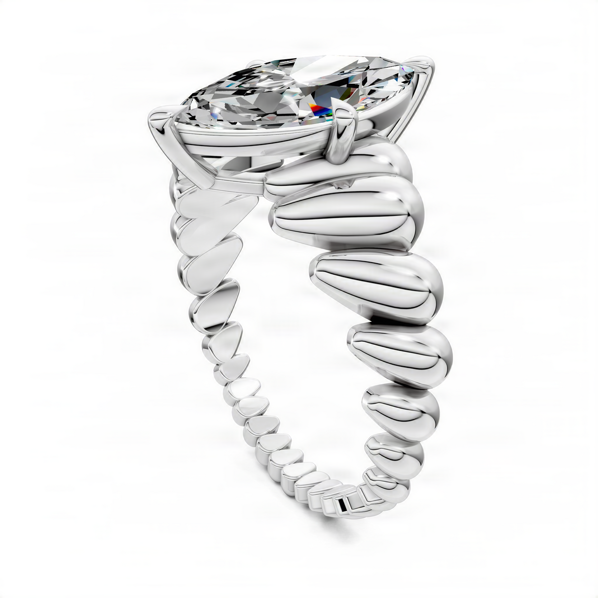 Platinum marquise diamond ring side view with twisted band and faceted center stone