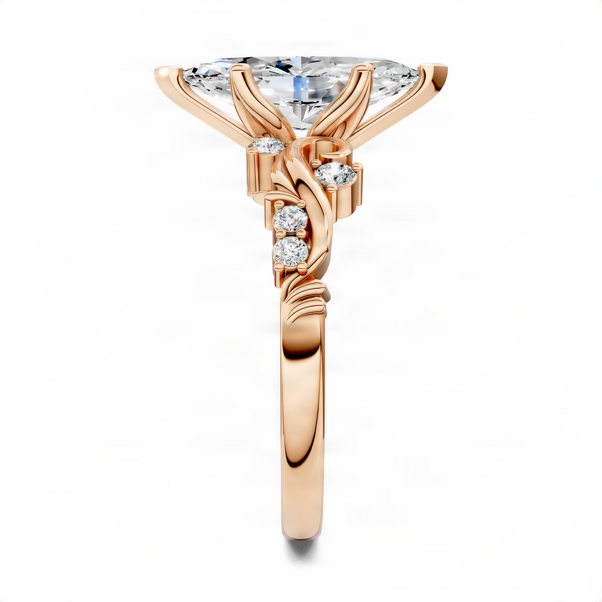 Rose gold marquise scroll ring front view with marquise center stone and sparkling side diamonds