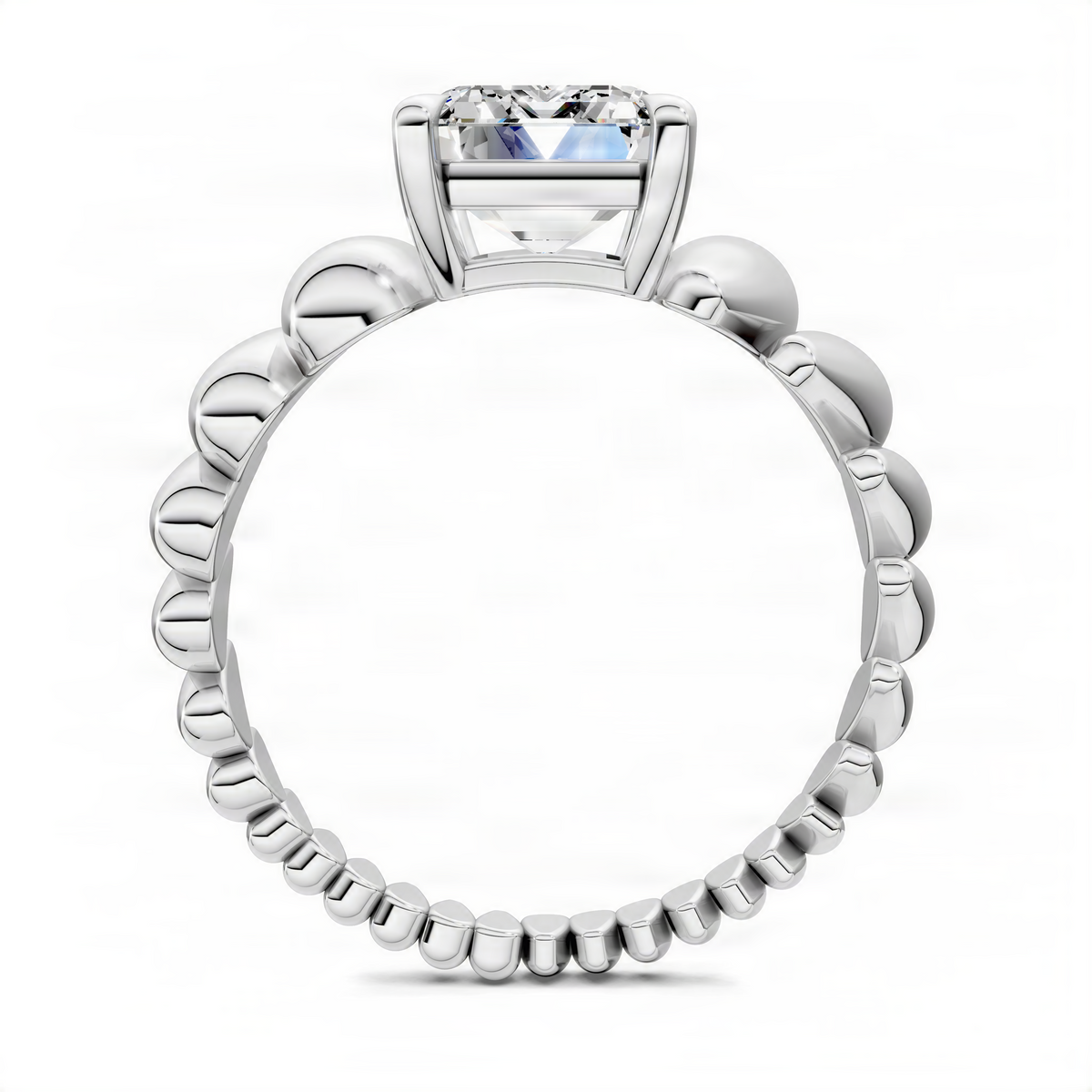 Silver-tone croissant ring with square-cut center gemstone and rounded bead band