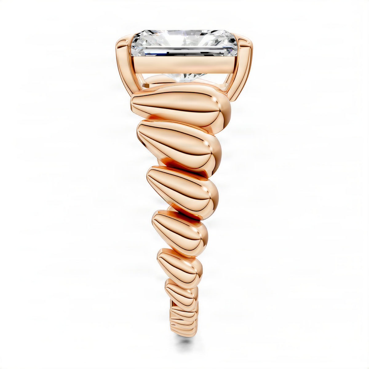 Rose gold radiant croissant ring side view with square-cut clear center stone