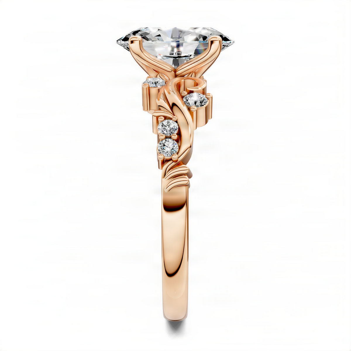 Rose gold oval scroll ring with oval center stone and small round diamonds along the shank