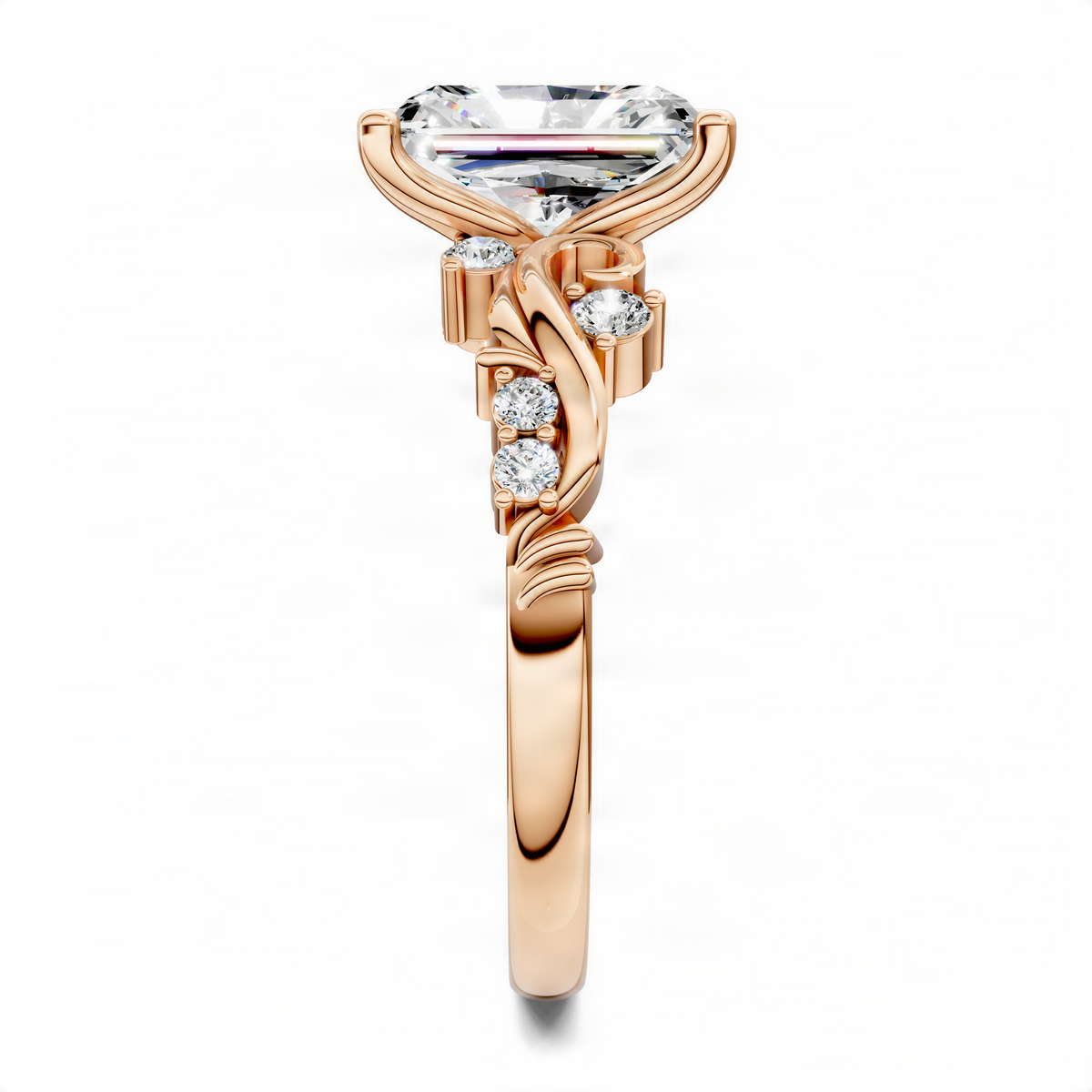 Rose gold radiant scroll engagement ring with large clear center stone and side diamonds