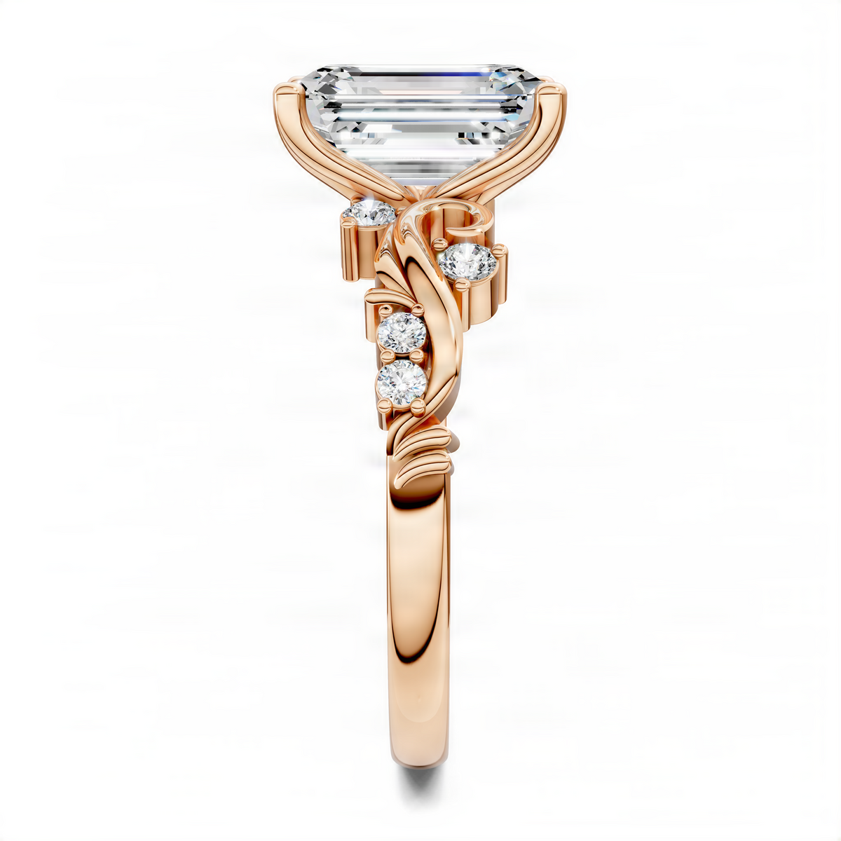 Rose gold engagement ring with emerald-cut center stone and curved diamond accents