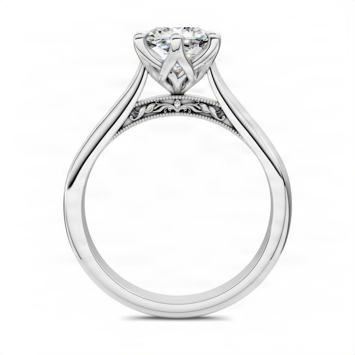 White gold cushion-cut diamond ring from side view, intricate under-gallery details