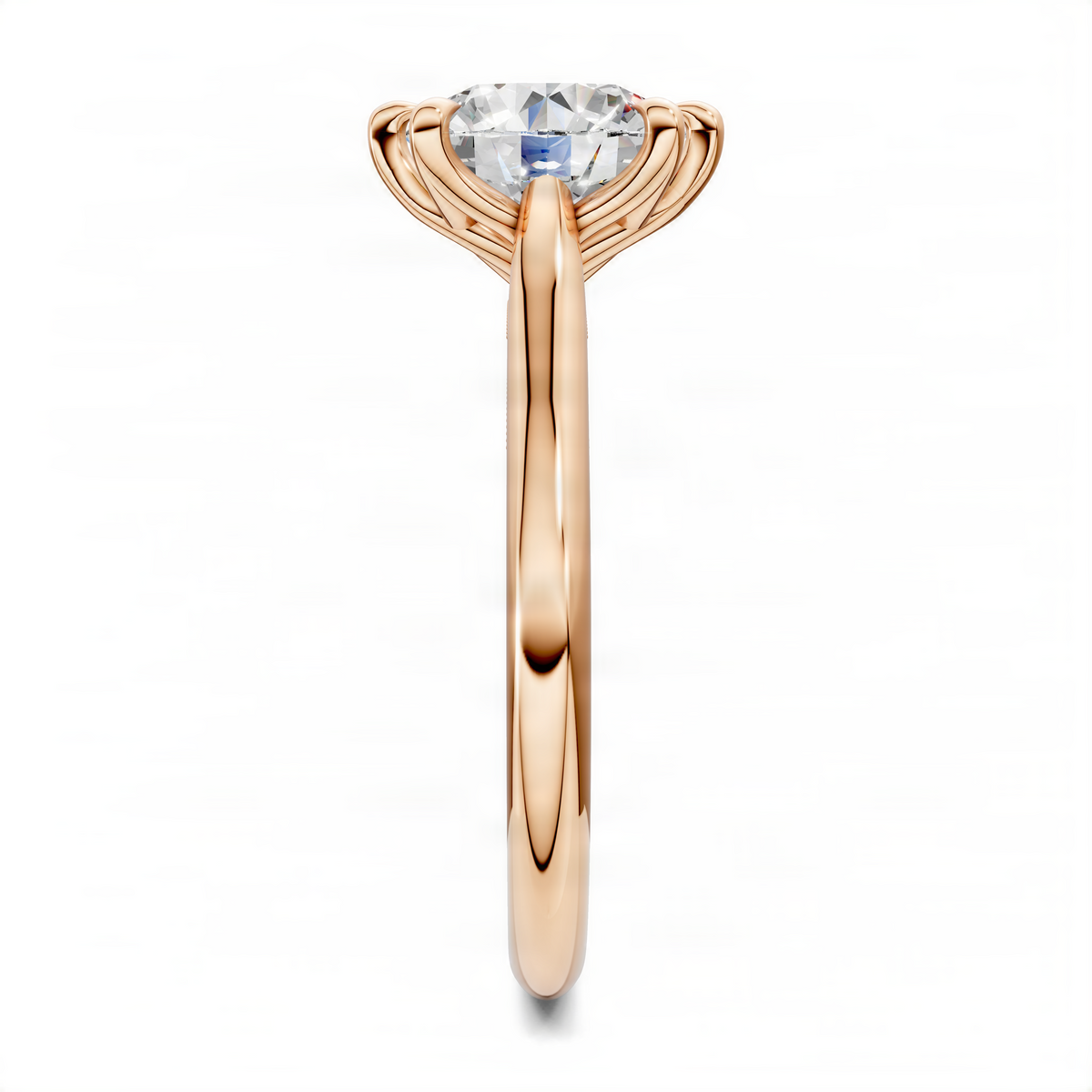 Rose gold round gemstone ring with petal prong setting and slim polished band profile