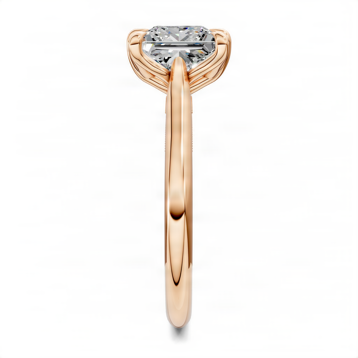 Rose gold single-stone style ring with cushion-cut center and petal prongs