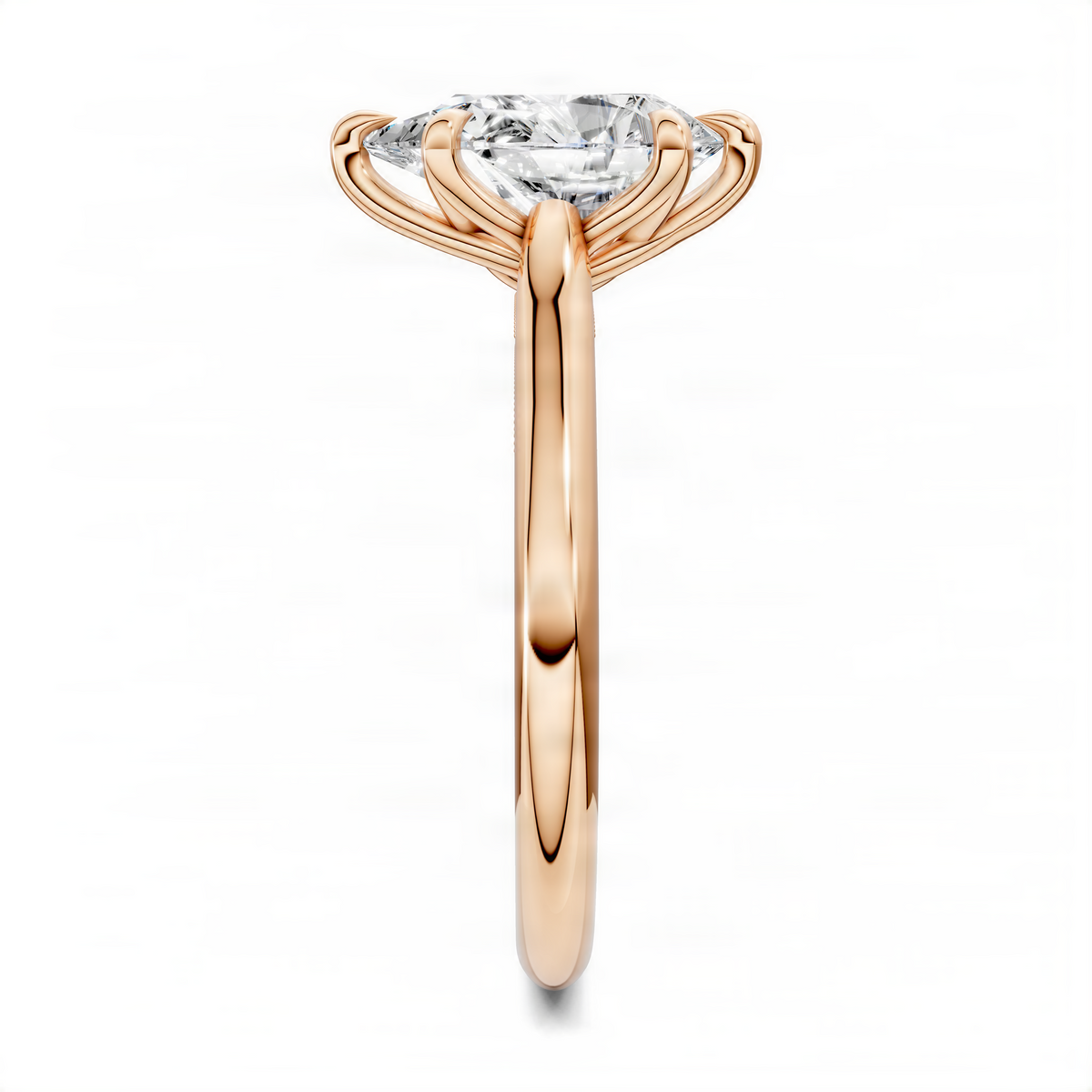 Rose gold engagement ring with round diamond center held by petal prongs