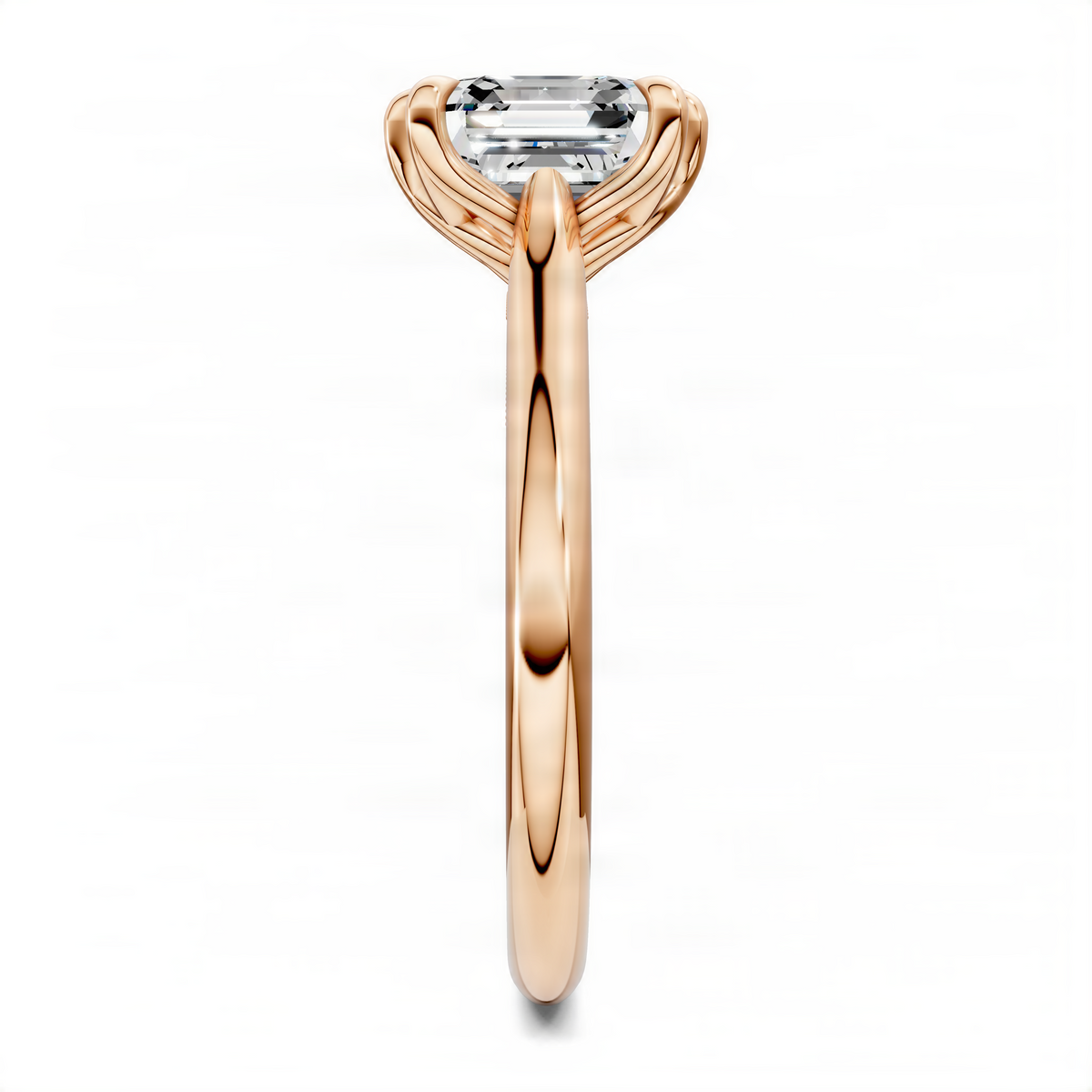 Rose gold engagement ring with tall prong setting and Asscher-cut center stone