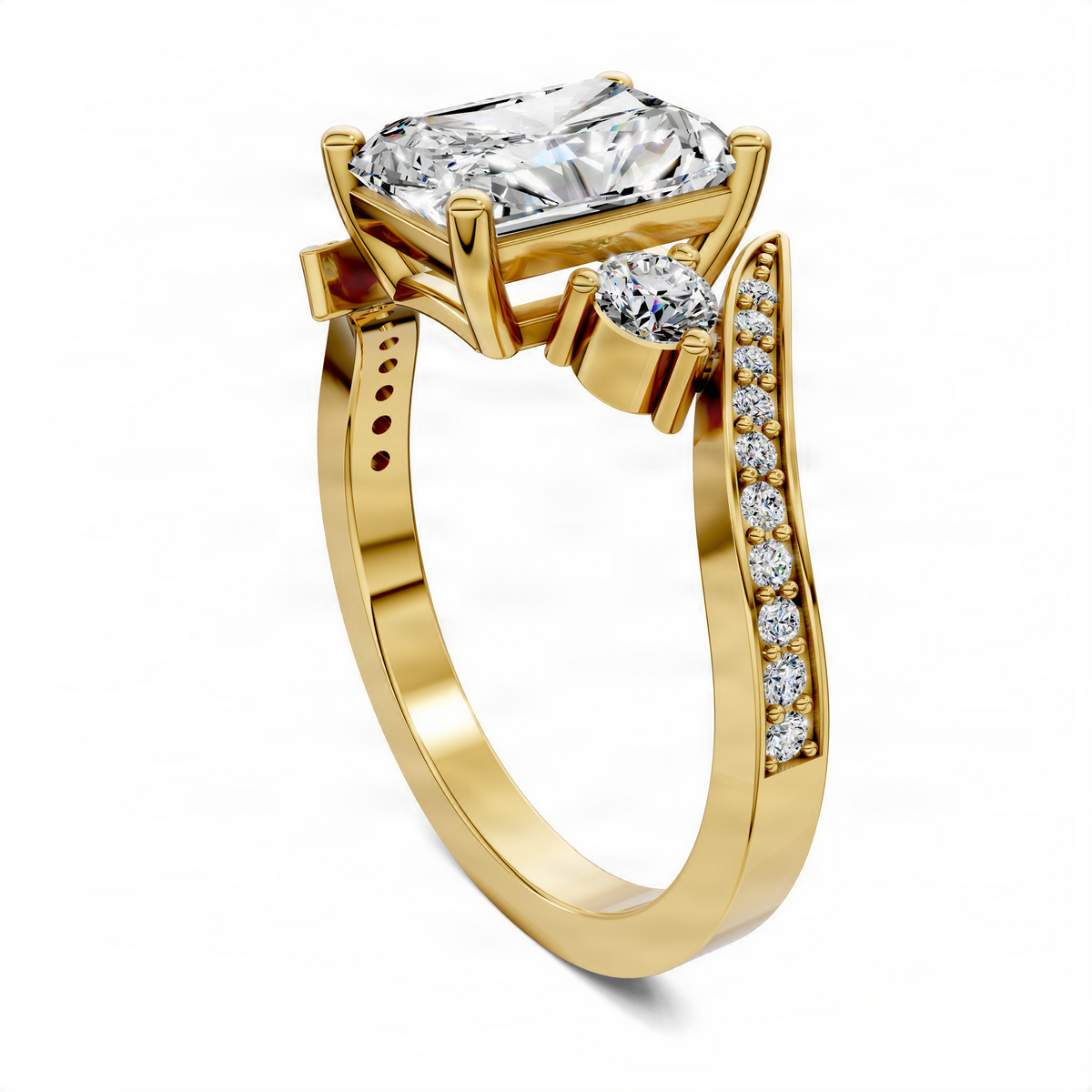 Yellow gold radiant-cut diamond ring with pavé side stones