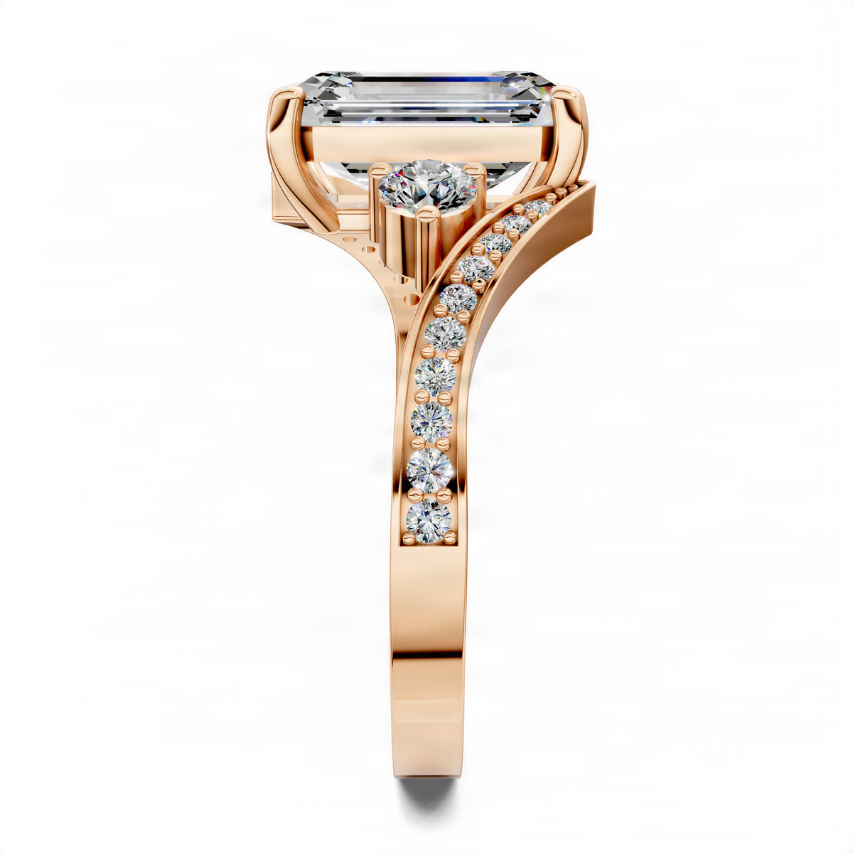 Emerald-cut ring in rose gold with twisted pavé band
