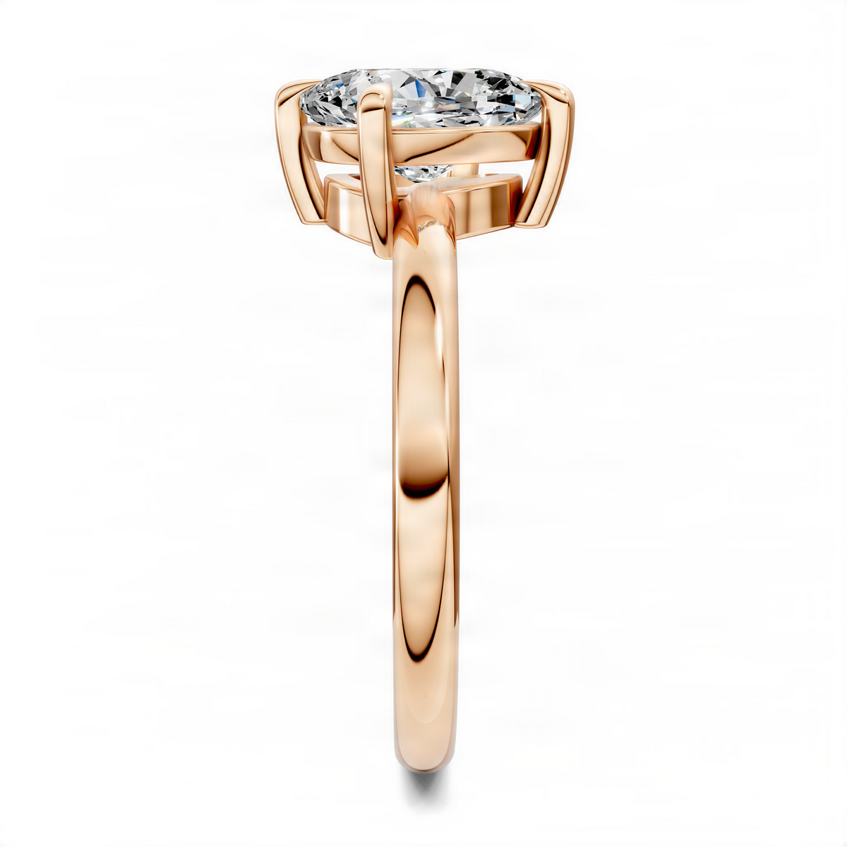 Rose gold cushion-cut diamond solitaire ring with angled prongs, side view