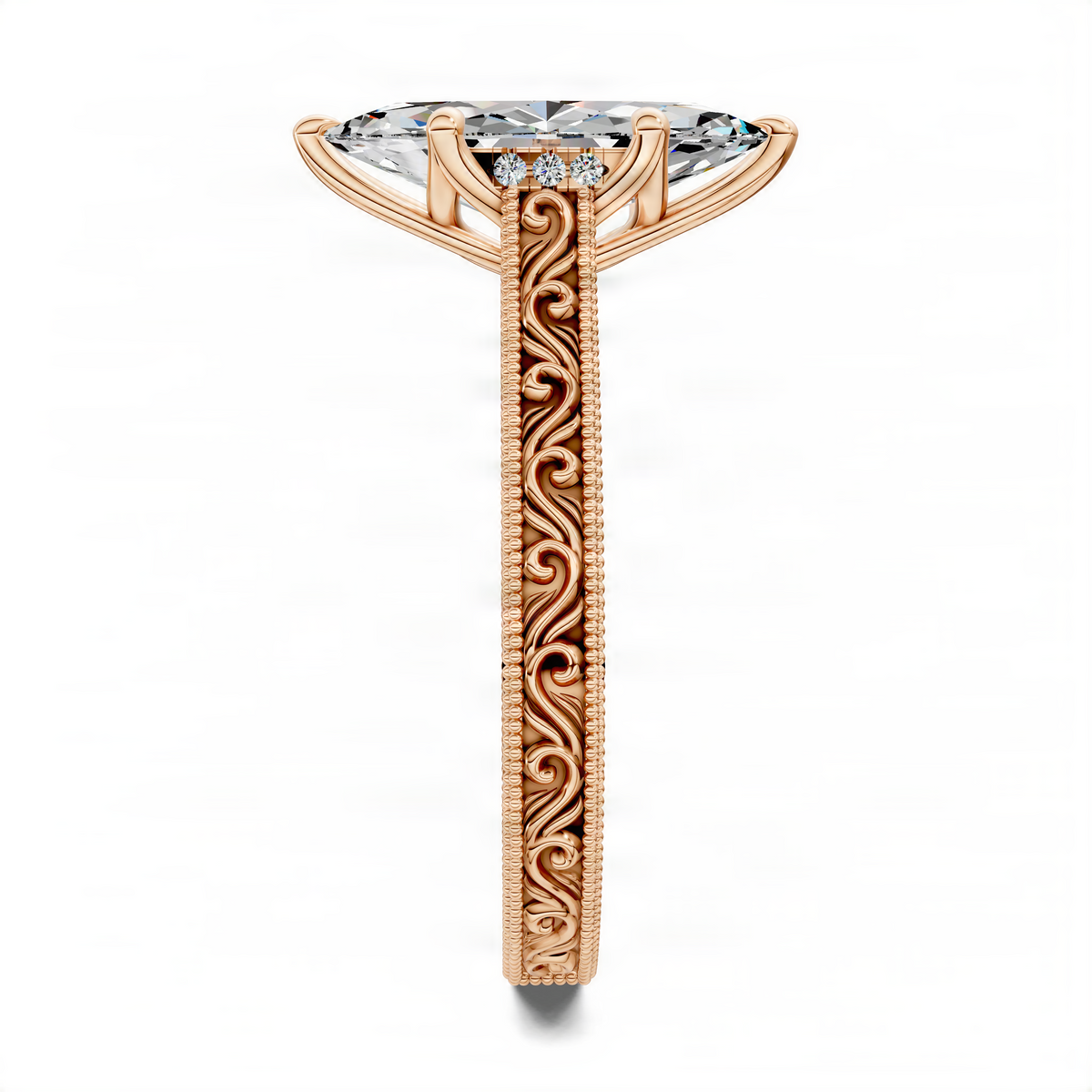 Opes Marquise vintage vine ring with marquise-cut center stone and ornate scroll band