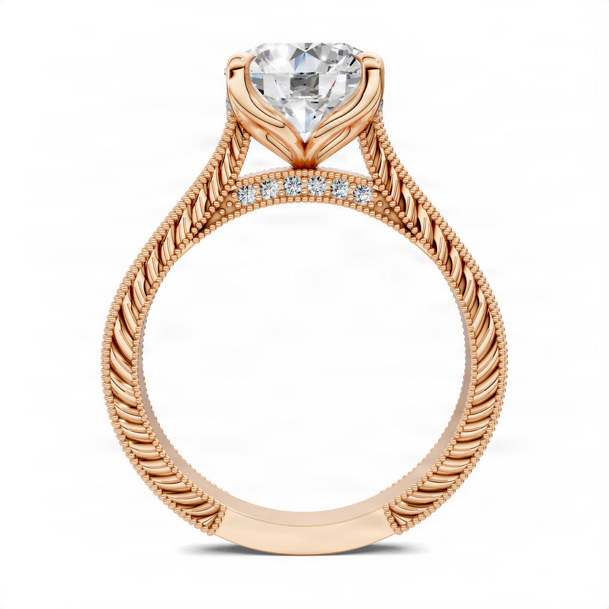 Round vintage vine diamond ring side view with prong-set center stone and rope-textured rose band