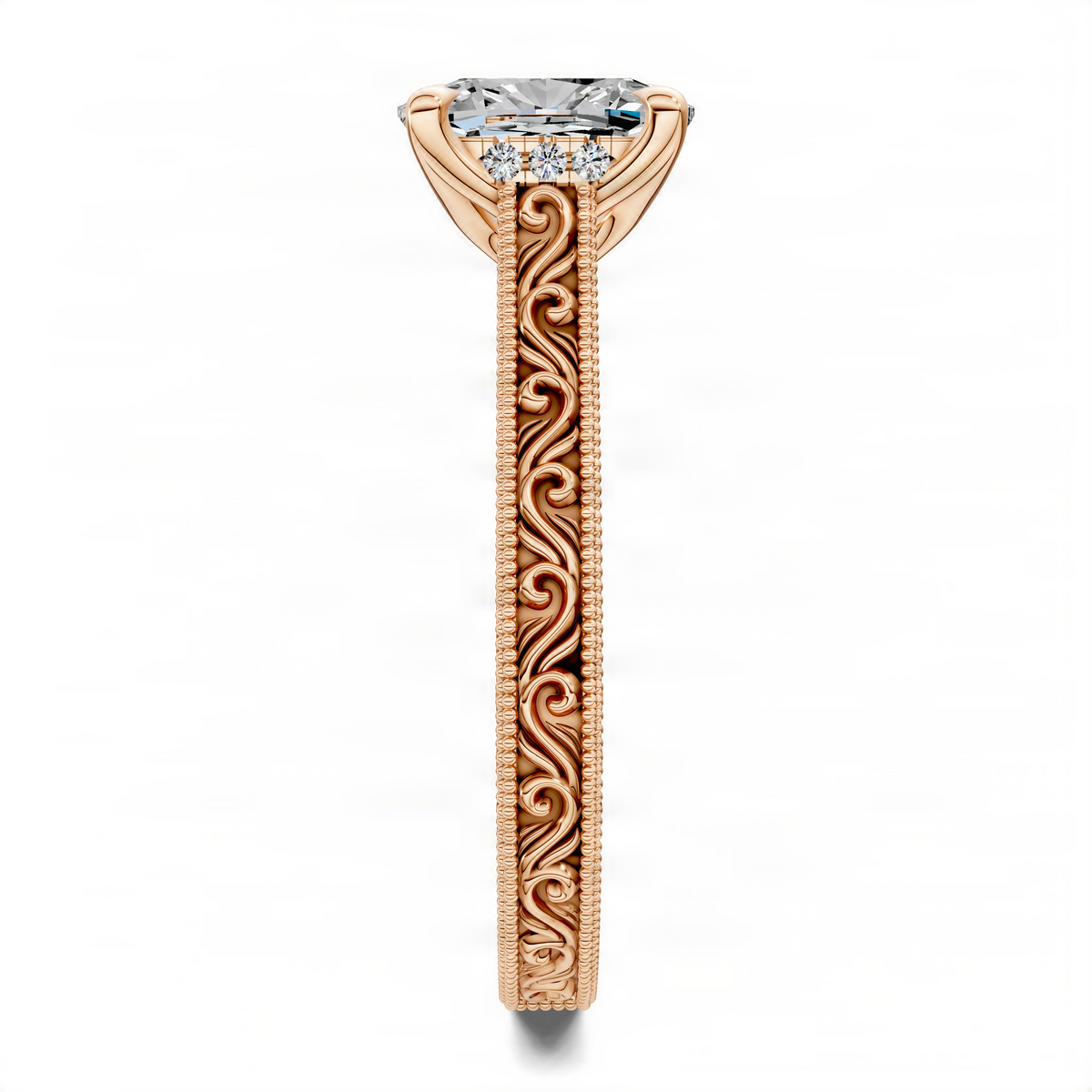Opes cushion-cut diamond ring with rose gold vine scrollwork shank and prong-set center