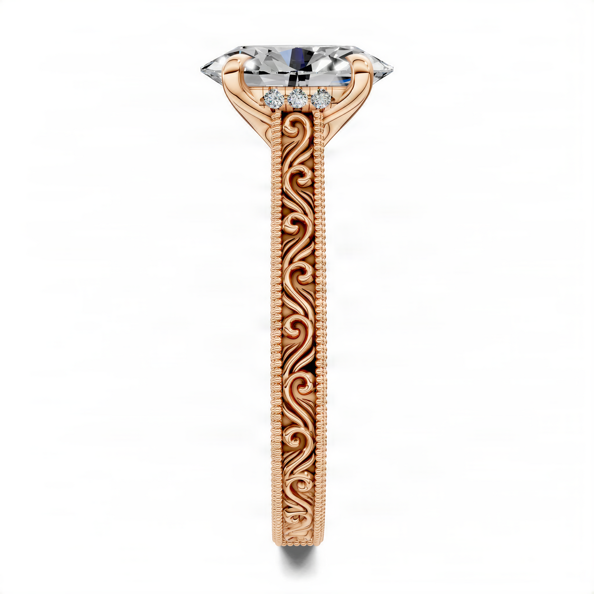Rose gold oval vintage vine engagement ring with split halo and sparkling center stone