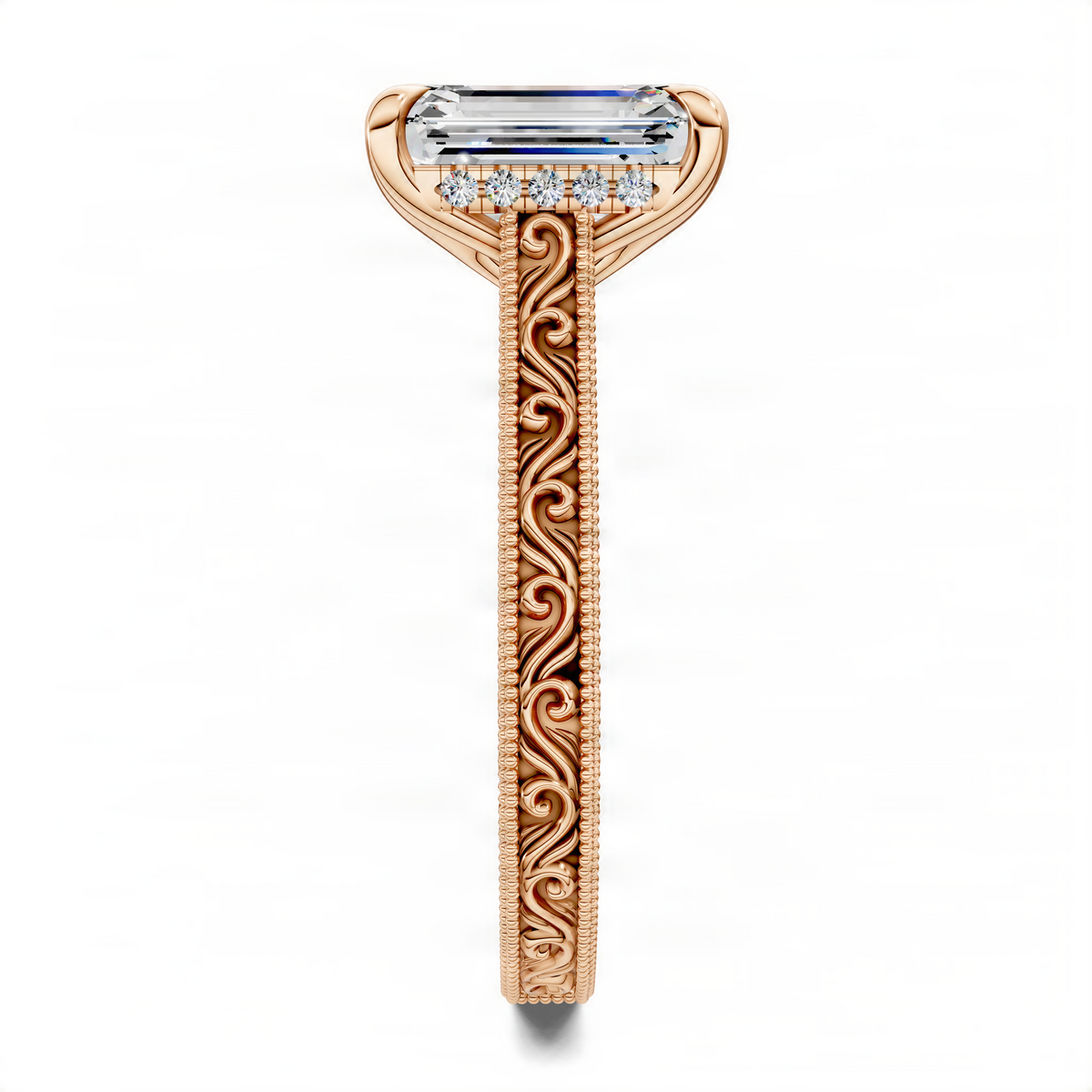 Rose gold vintage vine engagement ring with emerald-cut center stone and scrollwork