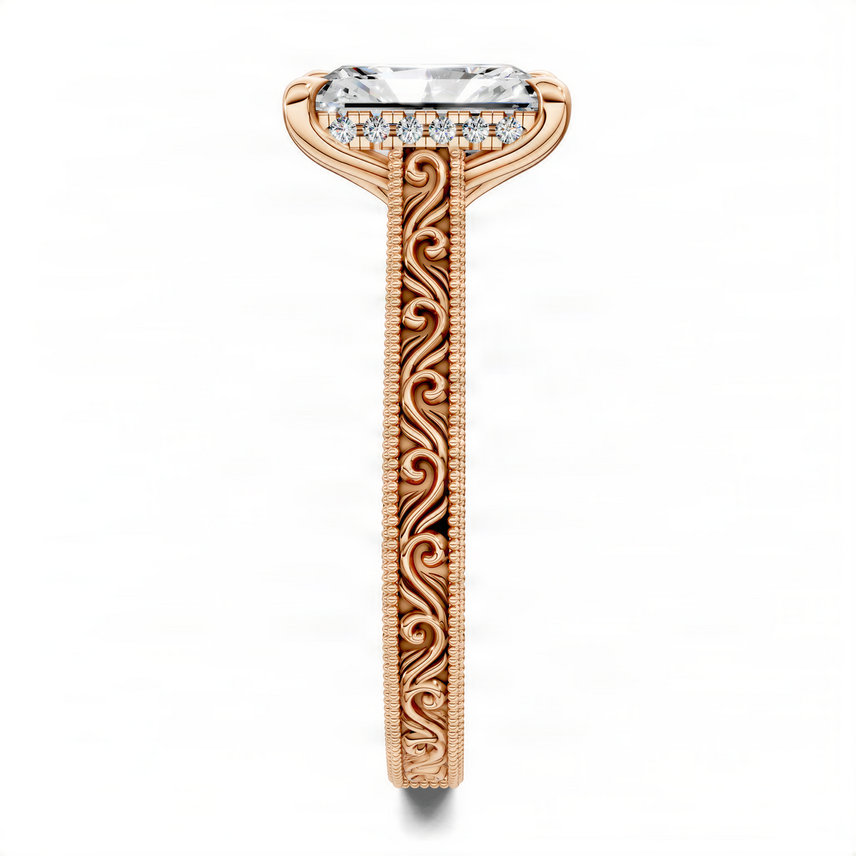Vintage vine ring with emerald-cut clear stone, rose gold band