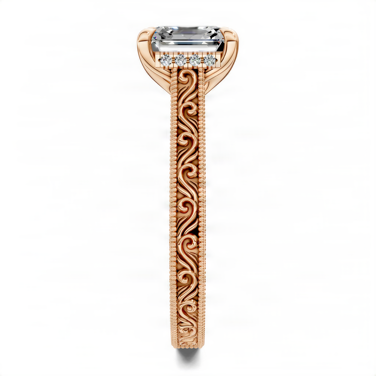 Rose gold asscher-style diamond vine ring with rectangular center stone and engraved shank