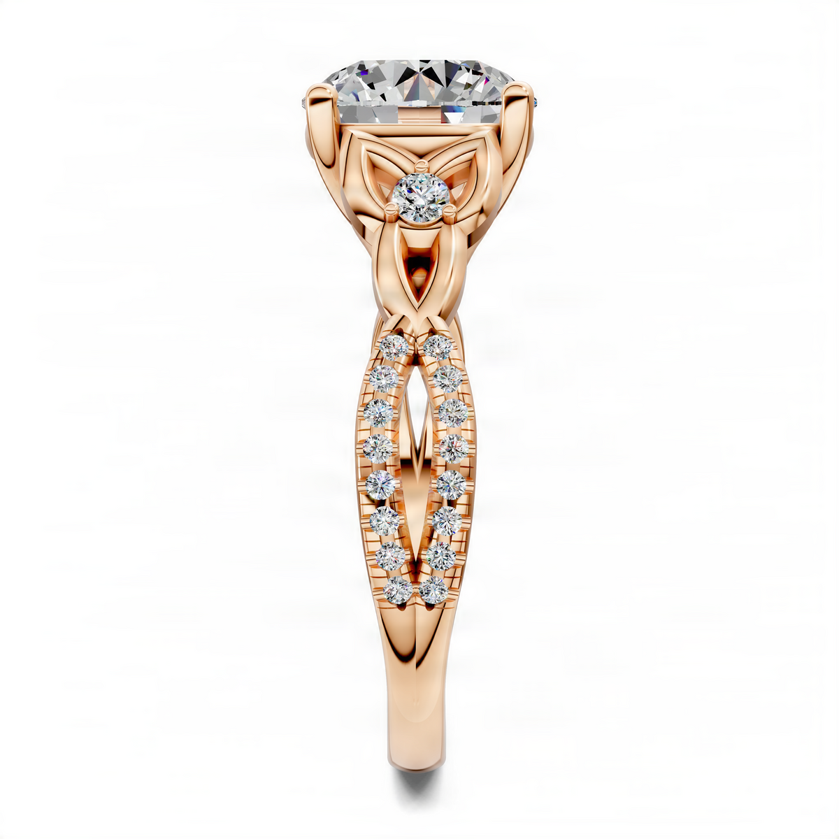 Rose gold round love knot ring with round center stone and diamond pavé band