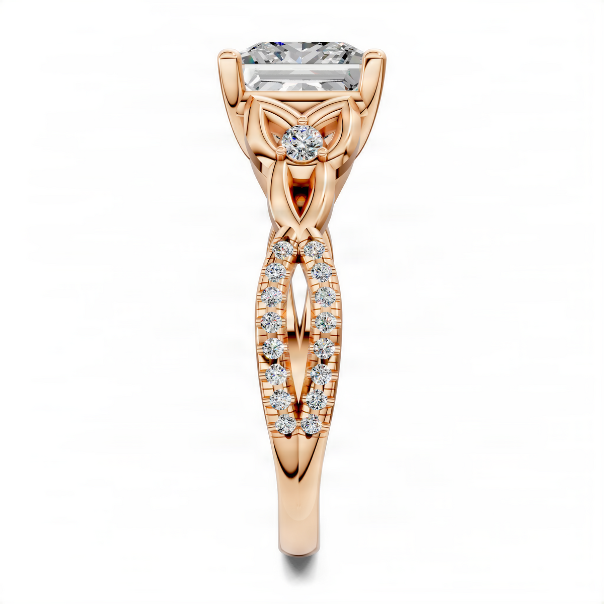 Rose gold love knot ring with oval center stone and diamond-accented split shank
