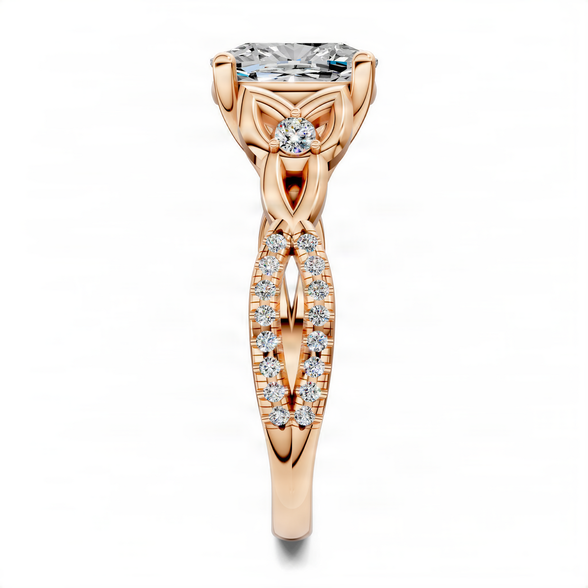 Opes Cushion Love Knot ring in rose gold with cushion-cut center stone and pavé band