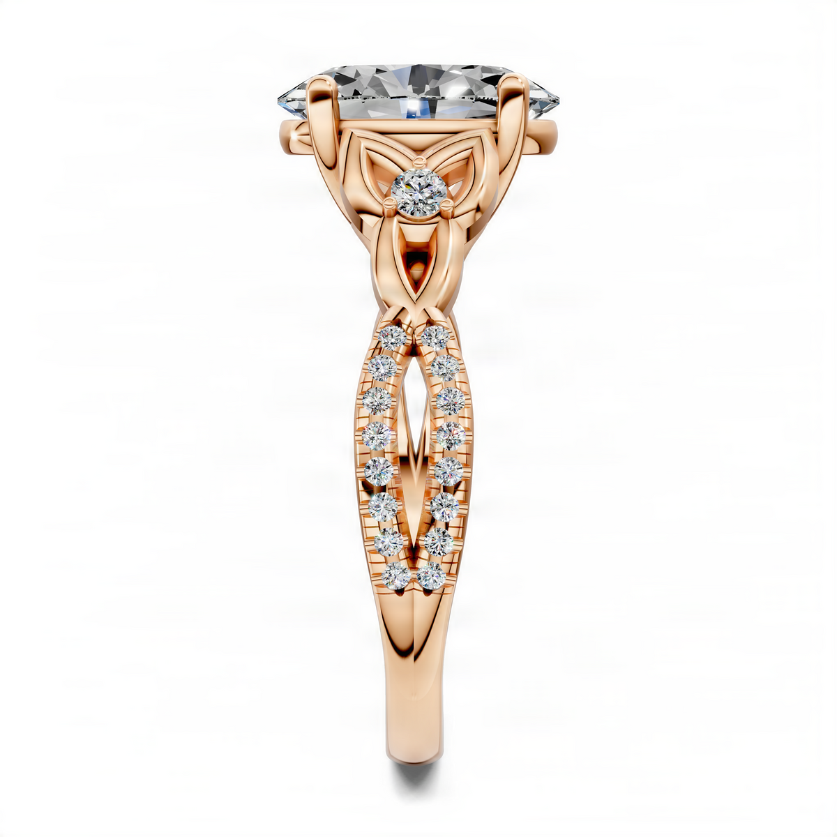 Rose gold oval center love knot ring with small round diamonds on center heart