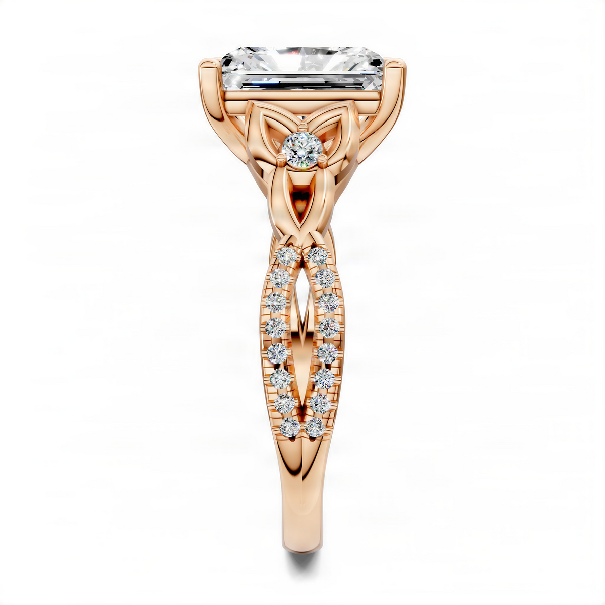 Rose gold love knot ring with round center stone and pavé diamond band