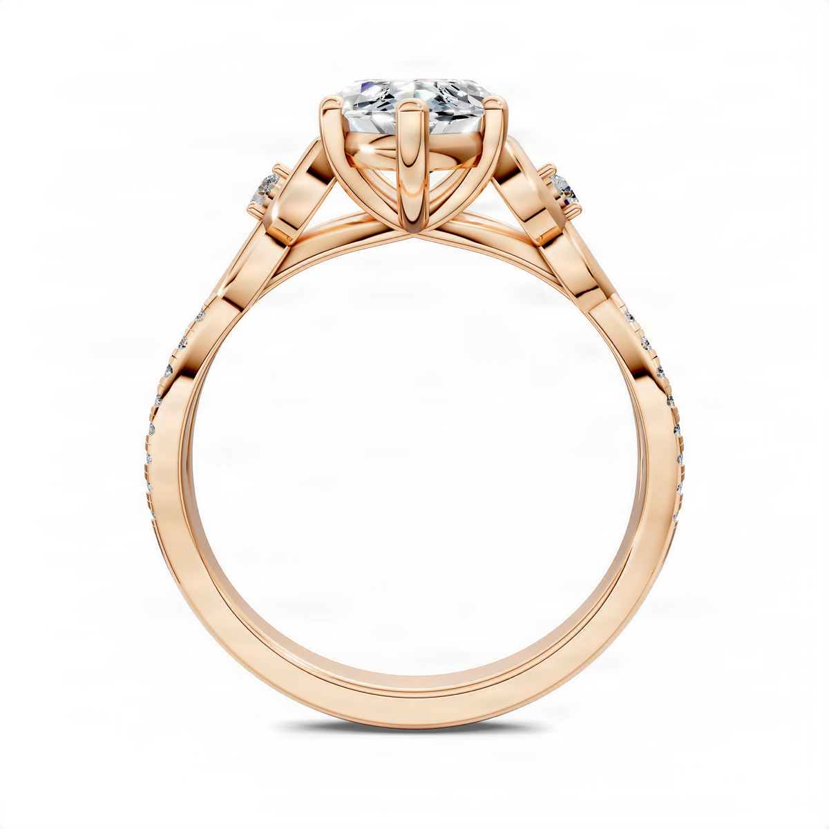 Opes Marquise Love Knot ring, side view with pavé band and prong-set center stone