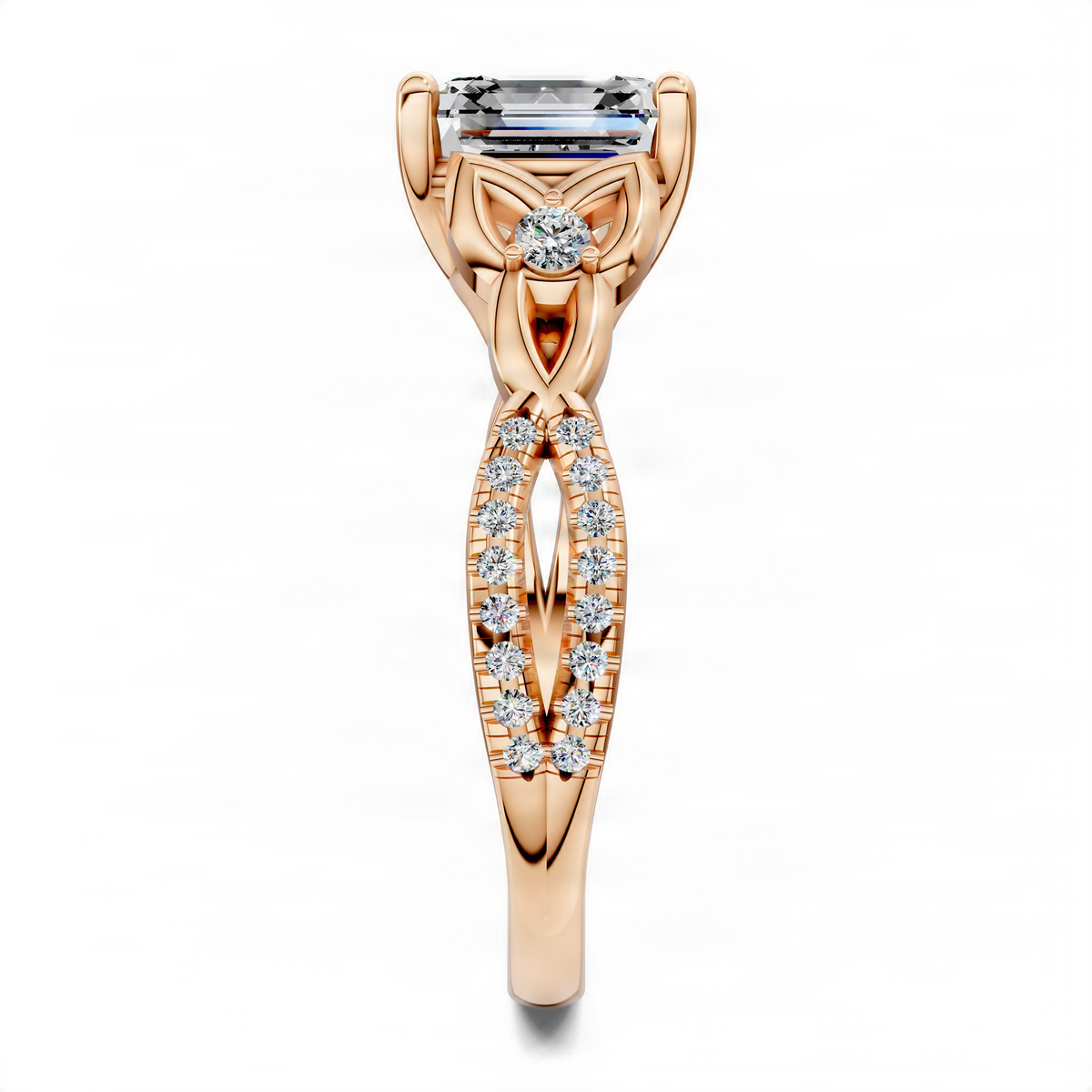 Opes Asscher Love Knot ring with round pavé diamonds, rose gold setting