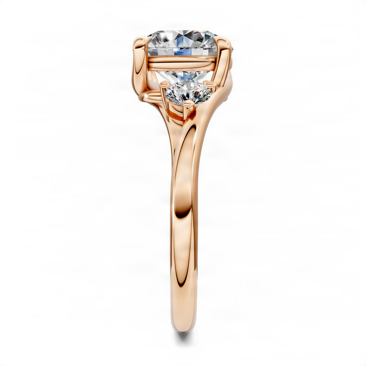 Rose gold solitaire-style three-stone bypass ring with large round center stone and side round