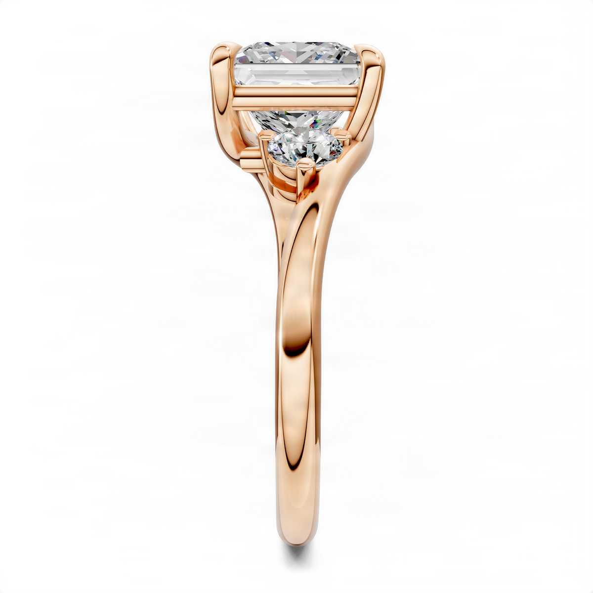 14K rose gold bypass three-stone ring with rectangular center and round side stones