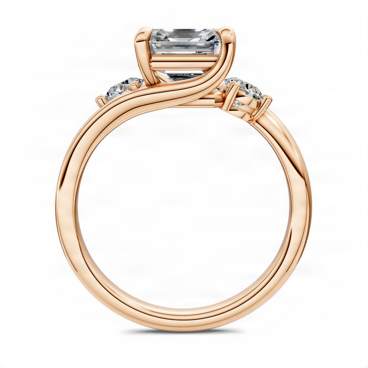 14K rose gold bypass three-stone ring side view, Asscher-style center and round accents