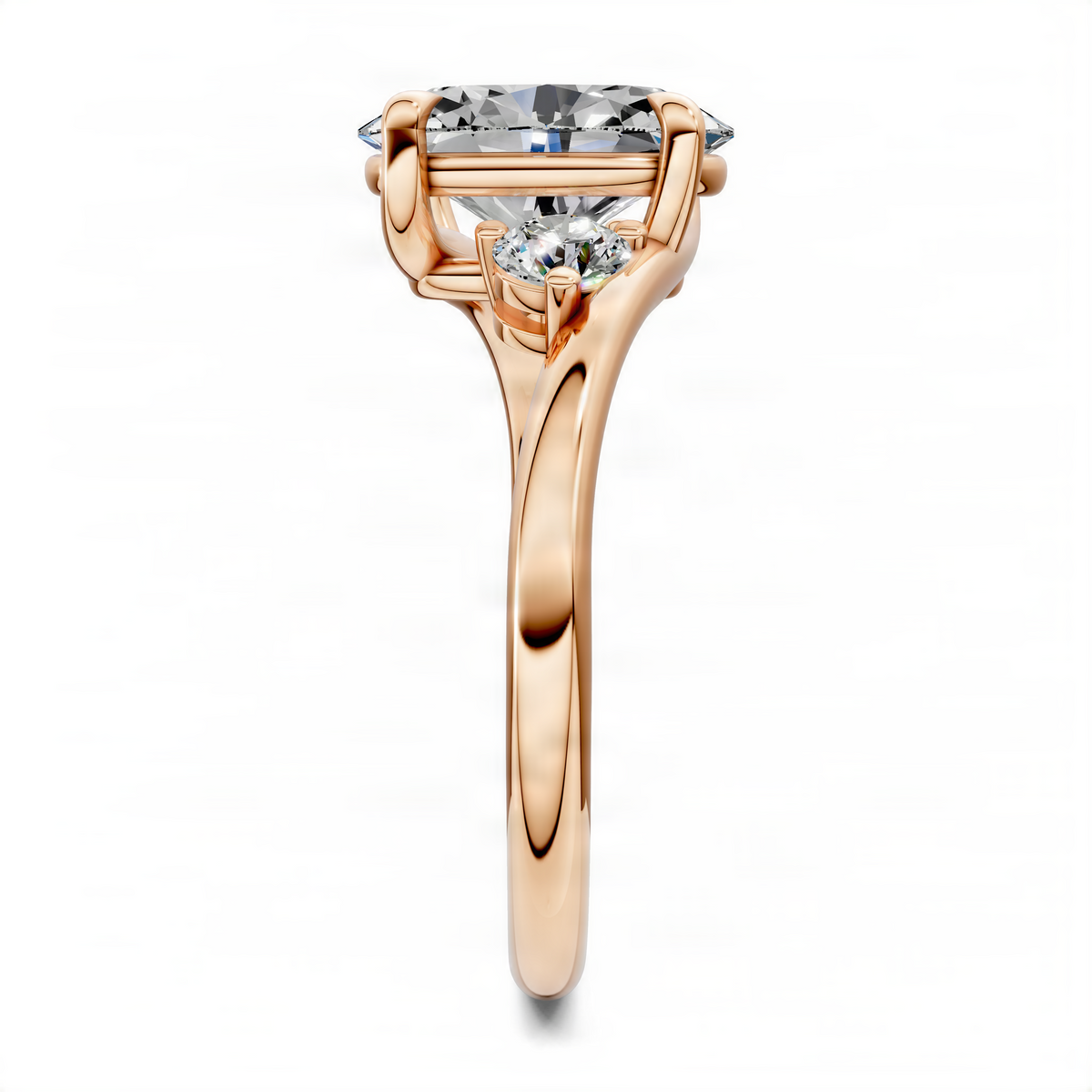 Oval bypass three-stone ring front view, oval center with round side diamond, rose gold prongs