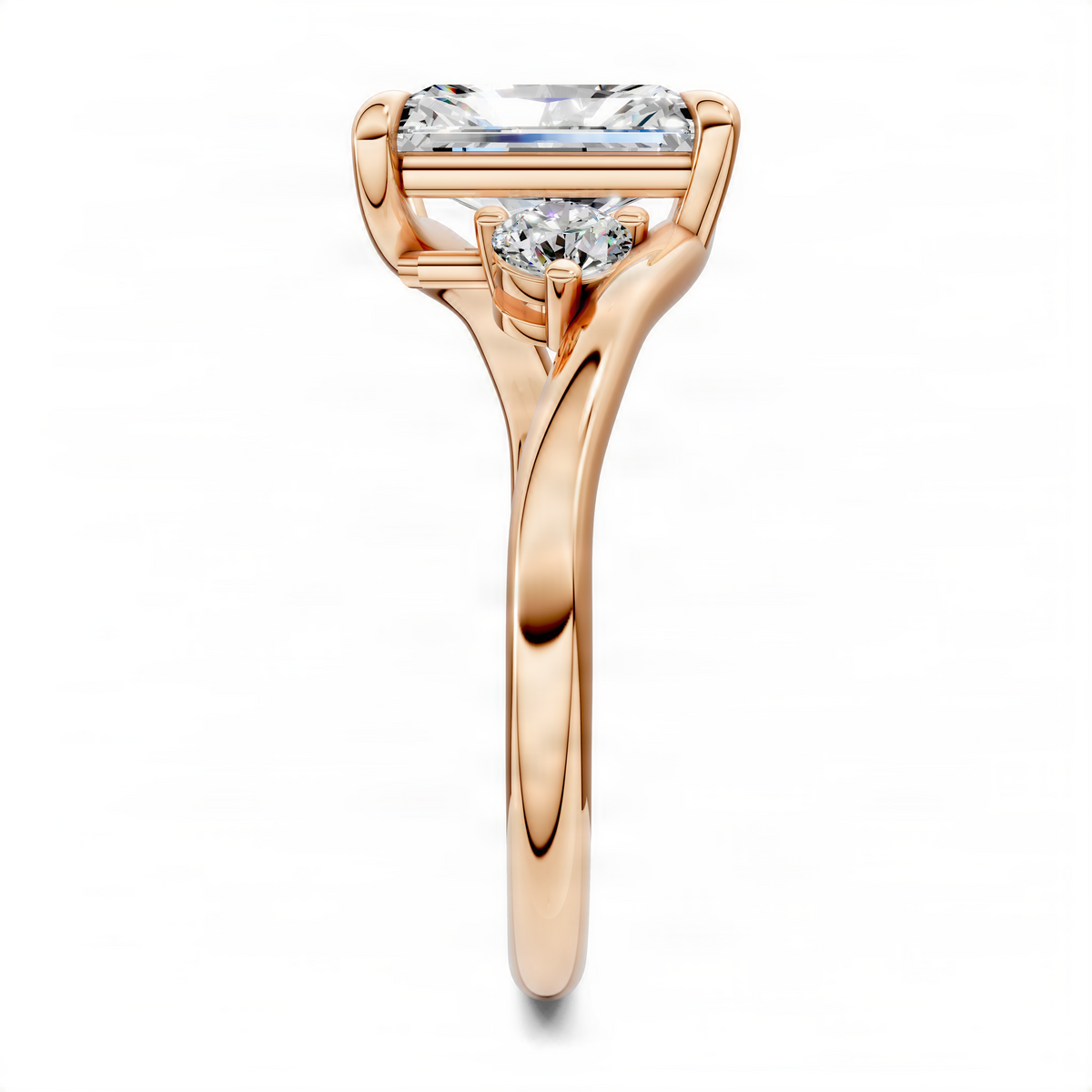 Three-stone bypass ring with square-cut center and round side stones, rose gold