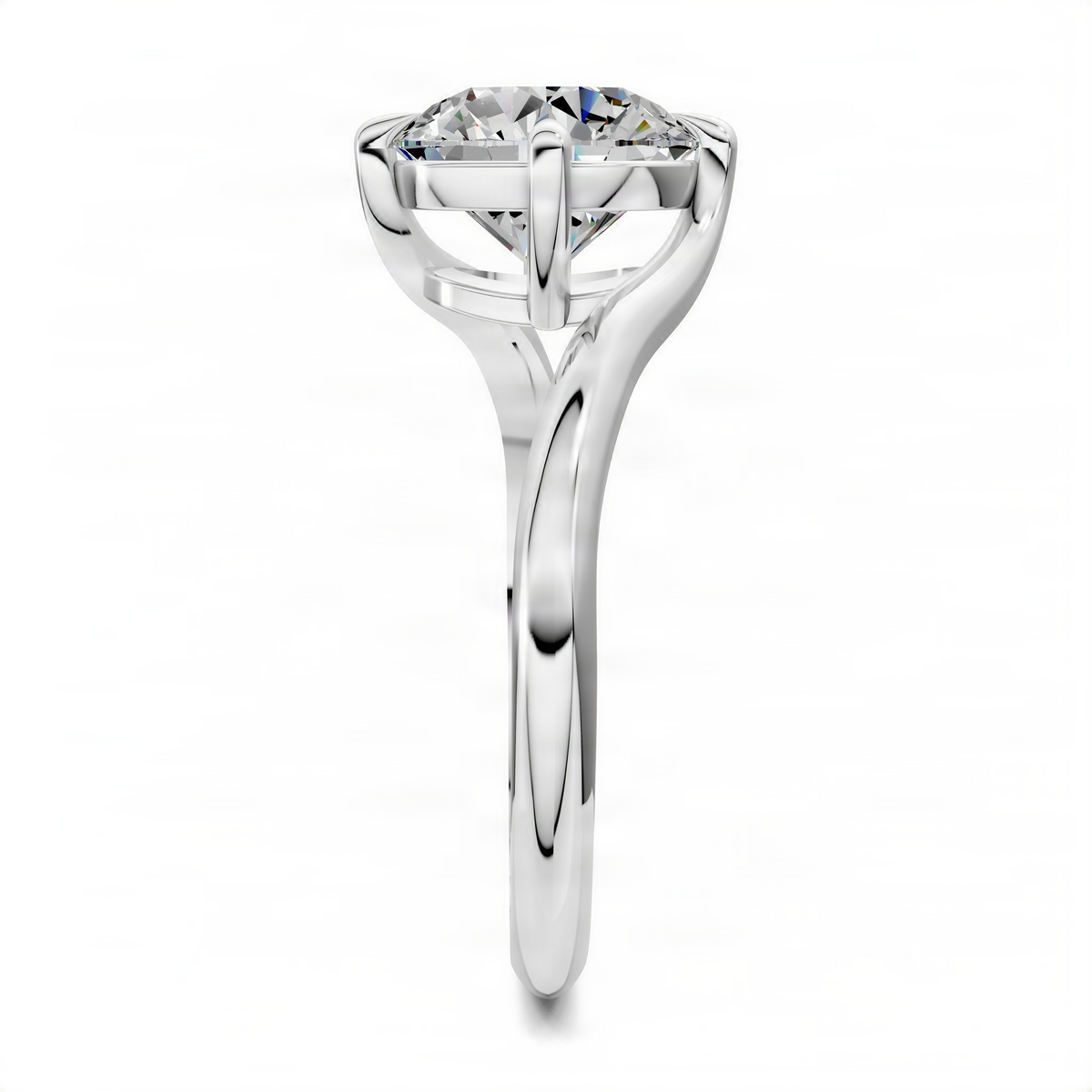 Silver-toned round bypass solitaire ring with clear center diamond and prongs.