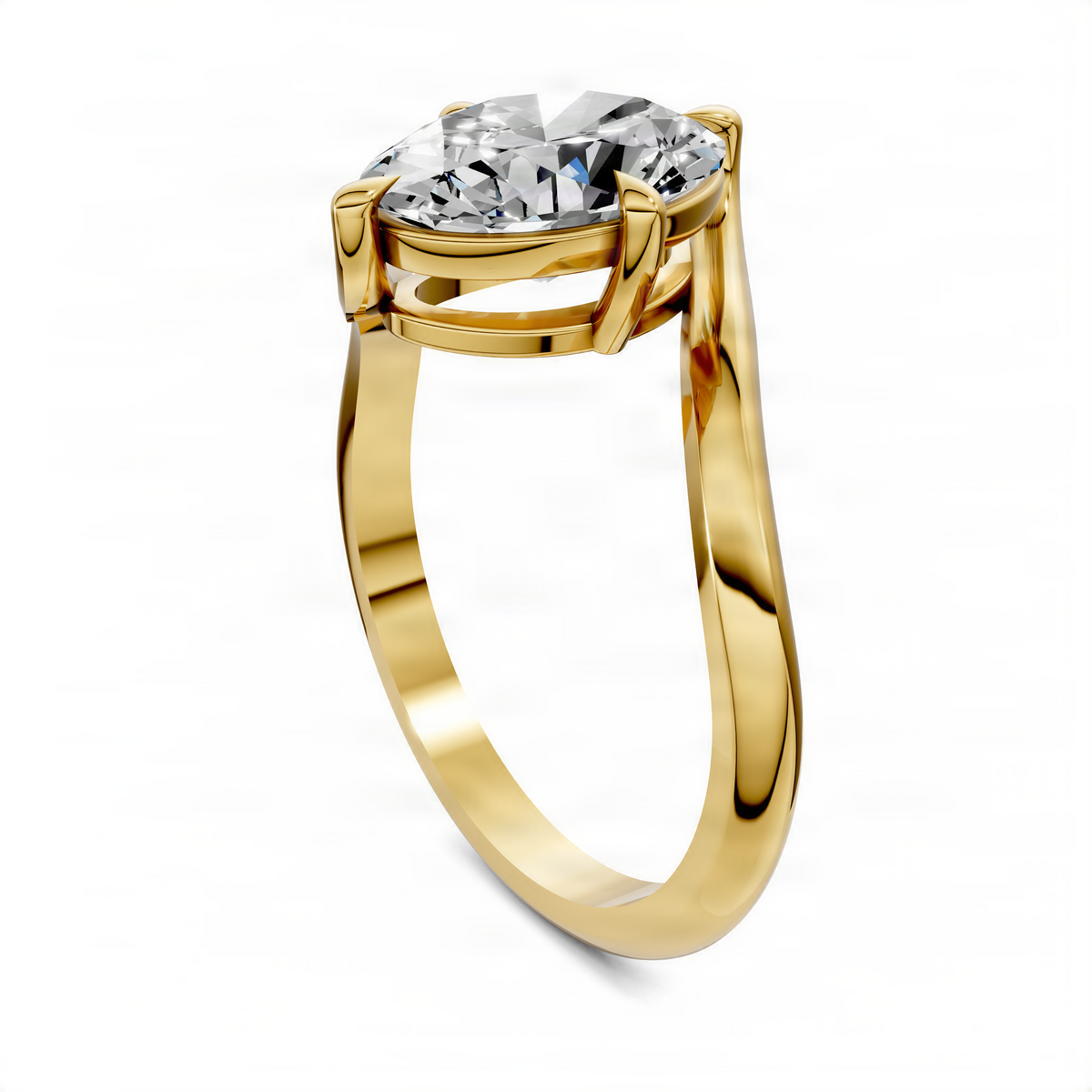 Oval bypass solitaire ring in yellow gold, angled view with oval center stone