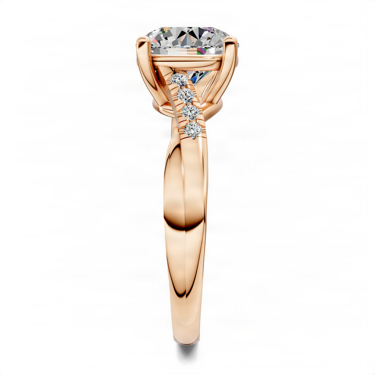 Twisted pavé ring with round center stone in rose gold